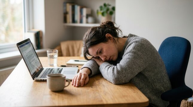 Woman Resting Head On Desk With Laptop And Coffee Mug Feeling Exhausted