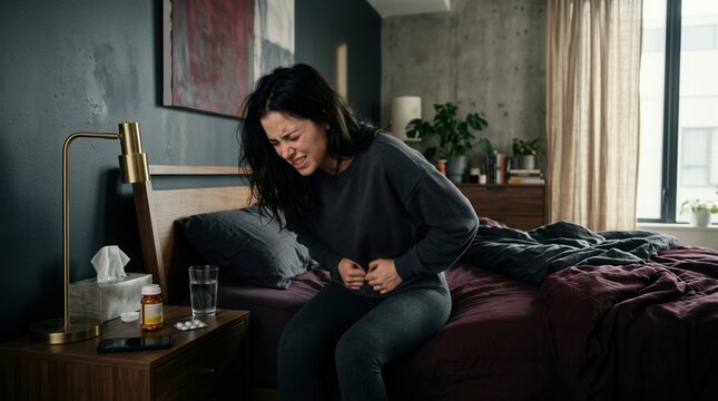 Woman In Bed Experiencing Stomach Pain Discomfort And Illness
