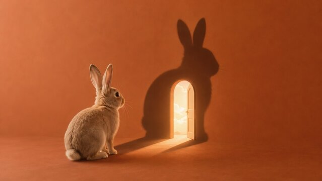 Rabbit Facing an Open Door with a Giant Shadow