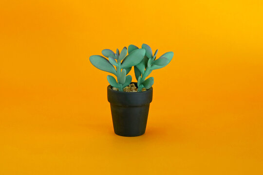 Miniature potted cactus decoration with copy space on yellow backdrop