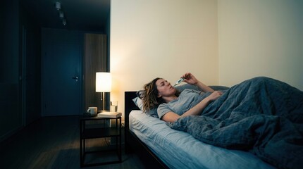 Fototapeta premium Woman In Bed Measuring Temperature Checking For Fever Due To Illness During The Night