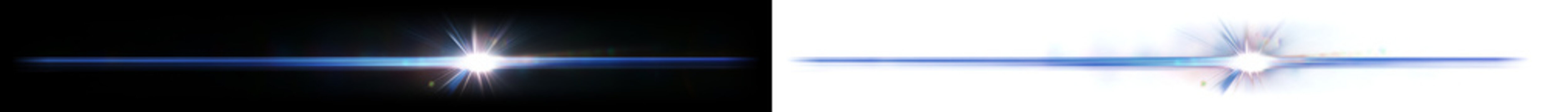 Lens flare high quality cinematic anamorphic streak presenting a deep indigo blue light stream mixed with a brilliant white center starburst and subtle rainbow chromatic aberration with transparent.