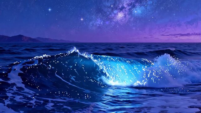 Ocean wave under starry sky