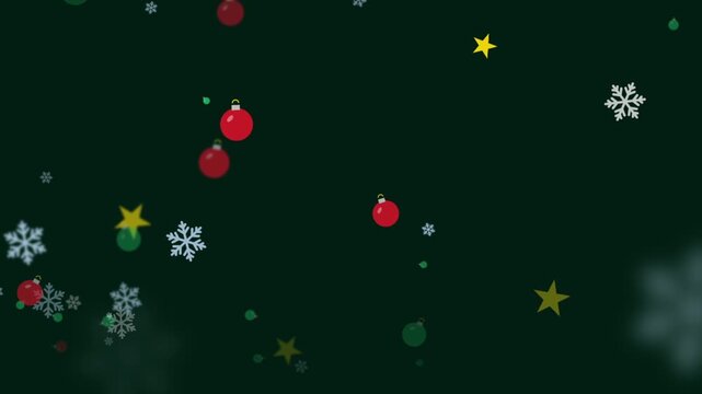 Festive Christmas Ornaments Snowflakes and Golden Stars Falling Animation on Dark Black Background Winter Holidays