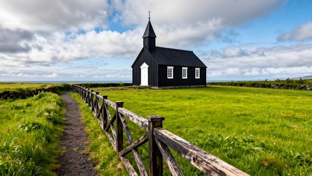 Black church in green field with wooden fence
