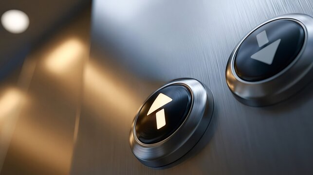 Illuminated up and down arrows on circular elevator call buttons, set against a brushed stainless steel panel, symbolizing choices, direction, and progress