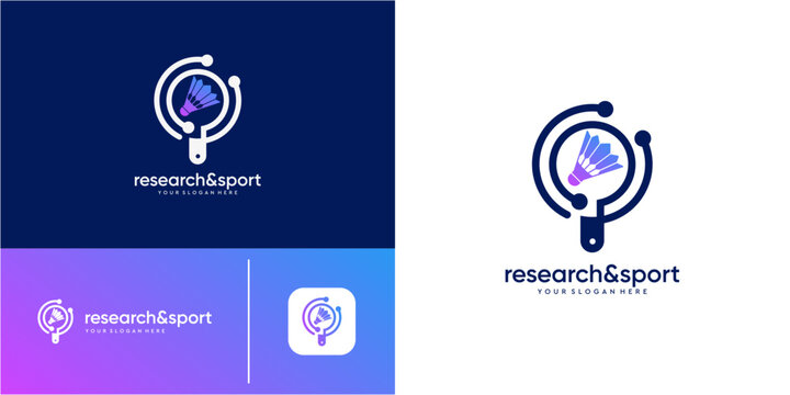 Badminton sport research logo design idea. Magnifying glass with technology circuit network element. Geometric abstract vector icon purple blue gradient.