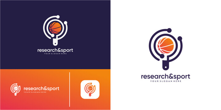 Basketball and Magnifying Glass Logo Design Template. Research and sport for analytics technology digital concept. Geometric abstract vector icon orange gradient.