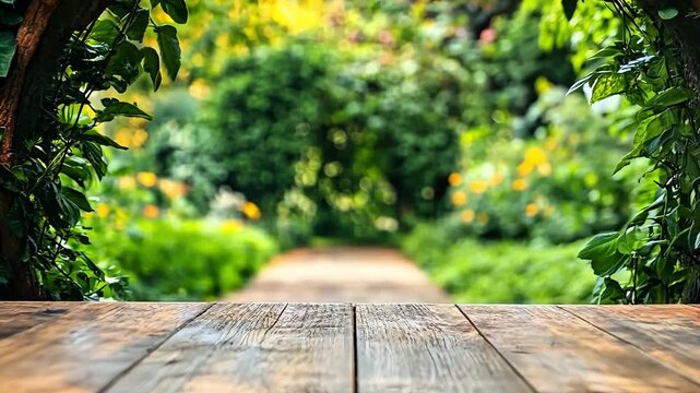 Empty wooden table top with blurred garden background, perfect for product display or food photography with natural sunlight and greenery