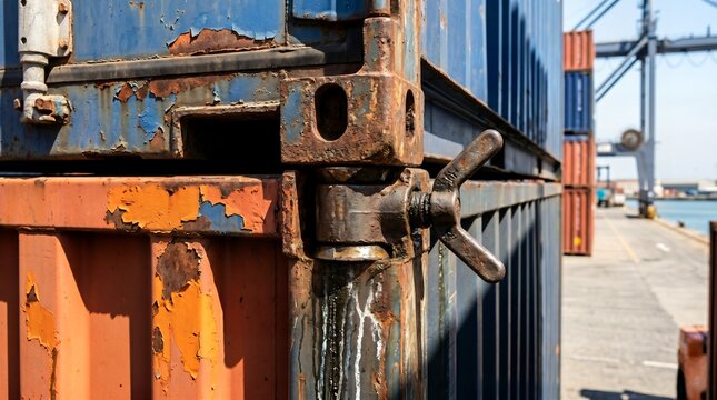 Shipping container lock mechanism and rusted corner casting securing intermodal freight transport boxes at a maritime port