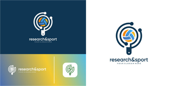 Volleyball sport research logo design idea. Magnifying glass with technology circuit network element. Geometric abstract vector icon gradient.