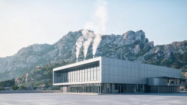 Modern building with smoke stacks against mountains
