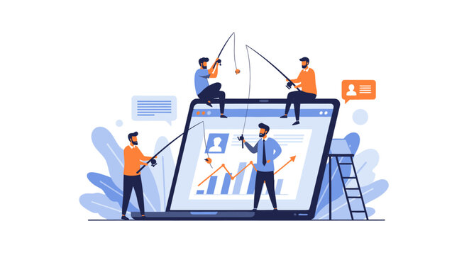 Digital marketing concept: Businessmen fishing for user data and leads on a large laptop screen, symbolizing online customer acquisition and engagement strategies.