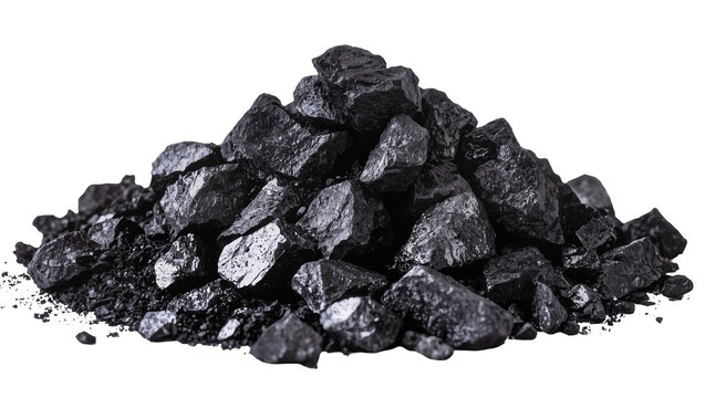 Isolated dark shiny heap of natural raw coal pieces and dust for industrial energy fuel