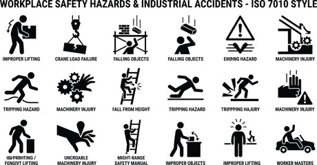 Obraz premium ISO Style Workplace Safety Hazard Pictograms Depicting Industrial Accident Risks and Occupational Danger Scenarios