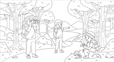 Obraz premium Children exploring nature in a forest, observing wildlife and plants, on a hiking trail with backpacks and binoculars.