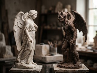 Naklejka premium Angel Devil Statues Marble Clay Good Evil Conceptual Art 