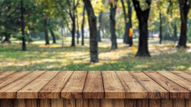 Empty wooden table top with blurred autumn forest background, perfect for product display or montage
