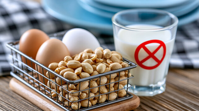Glass display box containing peanuts, eggs and milk marked with a red prohibition sign, symbolizing food allergy restrictions, allergen warning concept, with copy space
