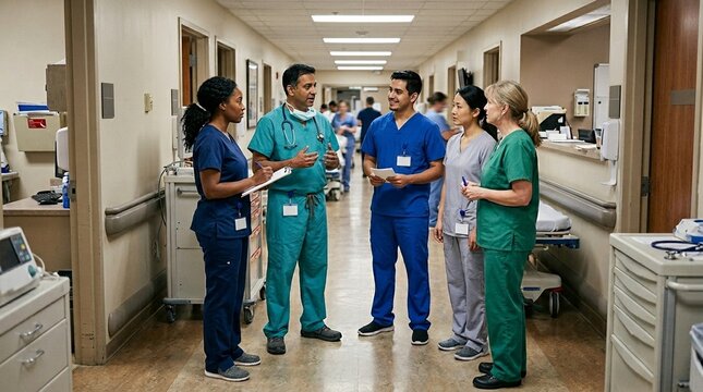 Diverse medical team in scrubs having pre-shift huddle hospital corridor authentic clinical team