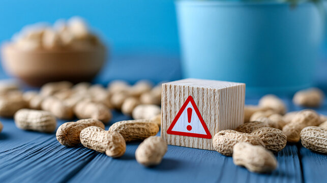 Peanut allergy concept featuring scattered peanuts with a warning symbol, nut allergy awareness, food allergy symptoms, skin irritation concept, with copy space