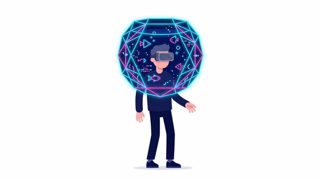 Man wearing VR headset immersed in virtual reality cyberspace sphere