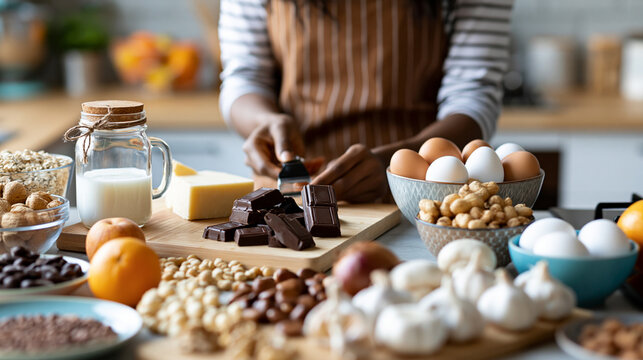 Faceless woman in her kitchen carefully avoiding common food allergens such as fish, seafood, dairy, peanuts, tree nuts, eggs, chocolate, wheat and citrus, elimination diet