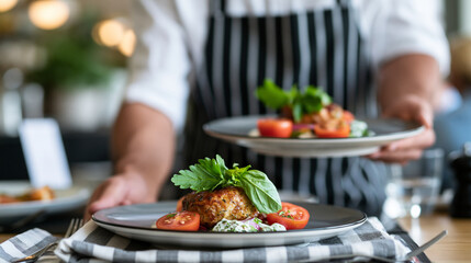 Naklejka premium Close-up of a faceless waiter presenting a dish with an allergen information card beside it at a restaurant table, dining safety and allergen disclosure concept, with copy space