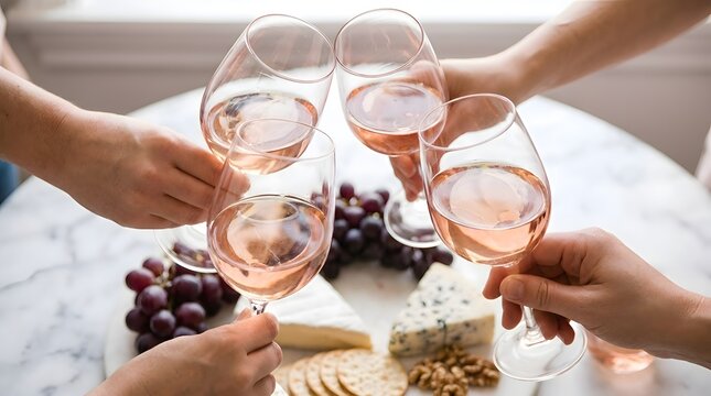 Group of people toasting with glasses of rose wine over a marble table featuring a gourmet cheese platter with red grapes, crackers, and walnuts in a bright interior