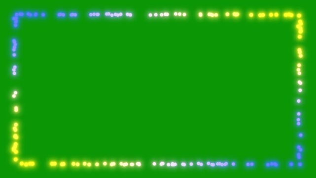 Glowing neon frame loop with blue yellow and white led lights, seamless digital border design, vibrant running dots edge animation on green background, seamless loop 4k video.