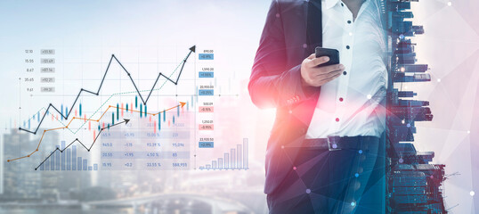 A businessman in a suit stands in an urban environment, using a smartphone, surrounded by financial graphs and data visuals, representing market growth and opportunities. Scalp © InfiniteFlow
