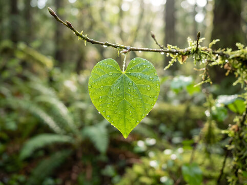 Heart Shaped Leaf with Raindrops Macro - Nature Love Concept