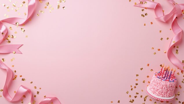 Pink birthday cake background with candles satin ribbons and golden confetti frame copy space