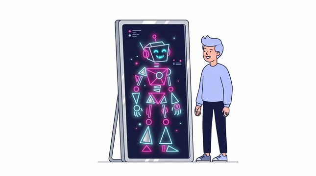 Man looking in a digital mirror reflecting a neon robot avatar illustration