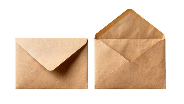 Isolated brown kraft paper envelopes set, one closed and one open with texture.