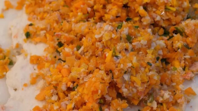 A close-up shot of a street food vendor or chef preparing traditional Korean fish cake (eomuk) paste. The footage shows a base of ground white fish surimi being mixed with finely minced carrots and gr