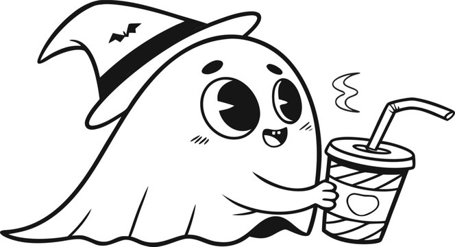A cute kawaii ghost wearing a witch hat drinking coffee