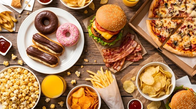 High angle top view of assorted fast food including a cheeseburger, pepperoni pizza, glazed donuts, french fries, potato chips, and popcorn arranged on a rustic wooden table background.