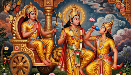 Fototapeta premium Hindu Deities in Mythological Scene: Divine Art and Religious Iconography