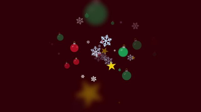 Christmas Ornaments on Red Background Falling Christmas Ornaments, Snowflakes, and Stars on Dark Red Background