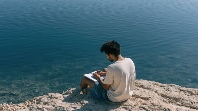 Man writing in a journal on a rocky shore by calm sea for travel banner and lifestyle background use