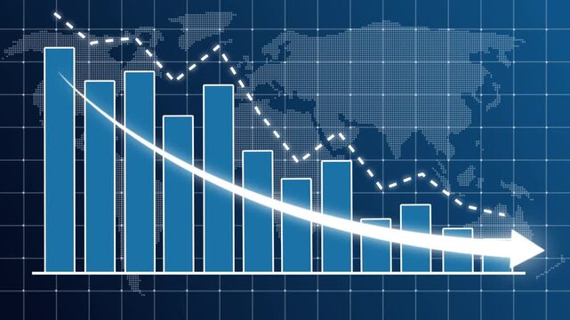 Business graph bar chart with downward arrow and declining line curve. Symbolizing revenue drop, financial loss, negative growth, market downturn, and decrease. financial decline 4k