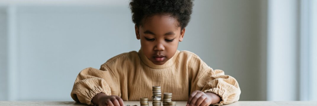Young child counting and stacking coins at a table for financial education background and savings concept banner design