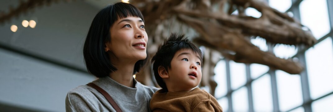Mother and child looking up at dinosaur skeleton in natural history museum for family outing background and educational attraction banner design