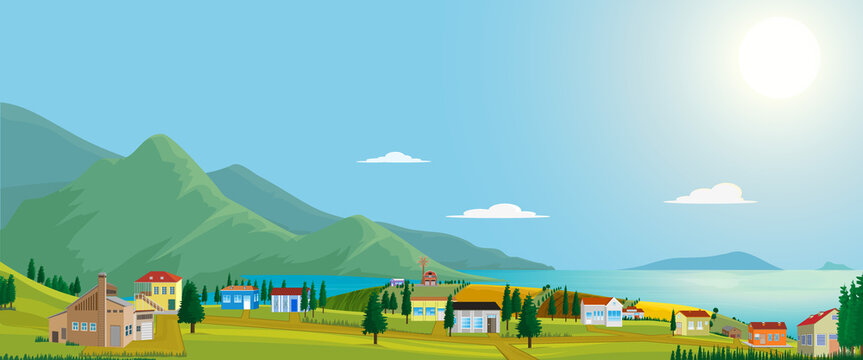 A view of a modern seaside village with a windmill inside.