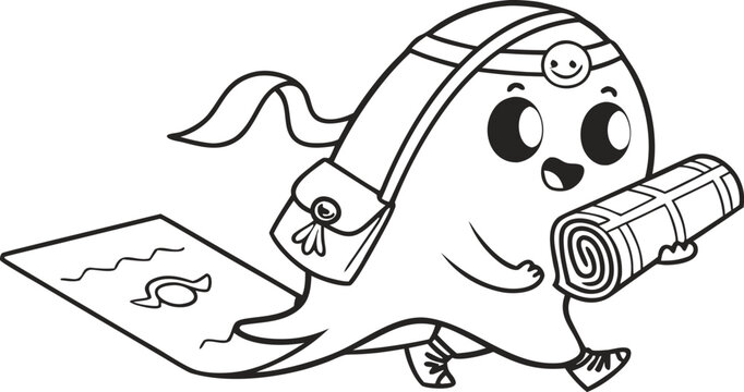 A cute kawaii ghost carrying a yoga mat and a bag