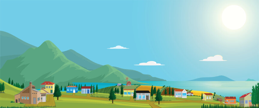 A view of a modern seaside village with a windmill inside.