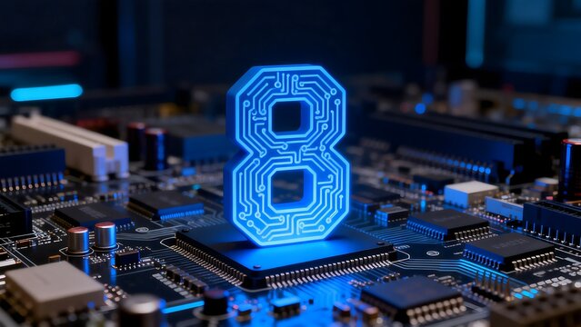 Circuit board with glowing number eight