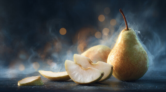 A whole pear with a few pear slices nearby, delicate thin fog, dark luminous background, cinematic soft lighting, ultra realistic, visually striking and appetizing, premium presentation
