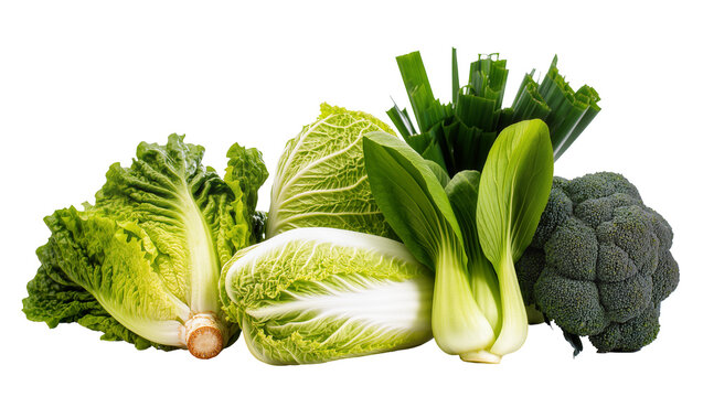 Isolated fresh assorted green healthy vegetables broccoli lettuce cabbage bok choy and scallions